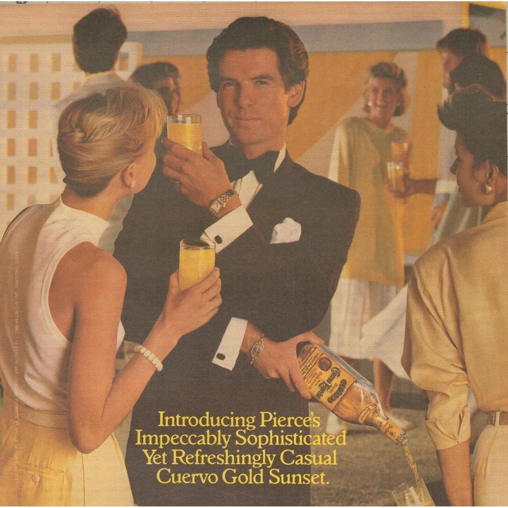 Vintage 1986 Cuervo Gold Print Ad Pierce Brosnan Sunset Tequila Bar Lounge Decor